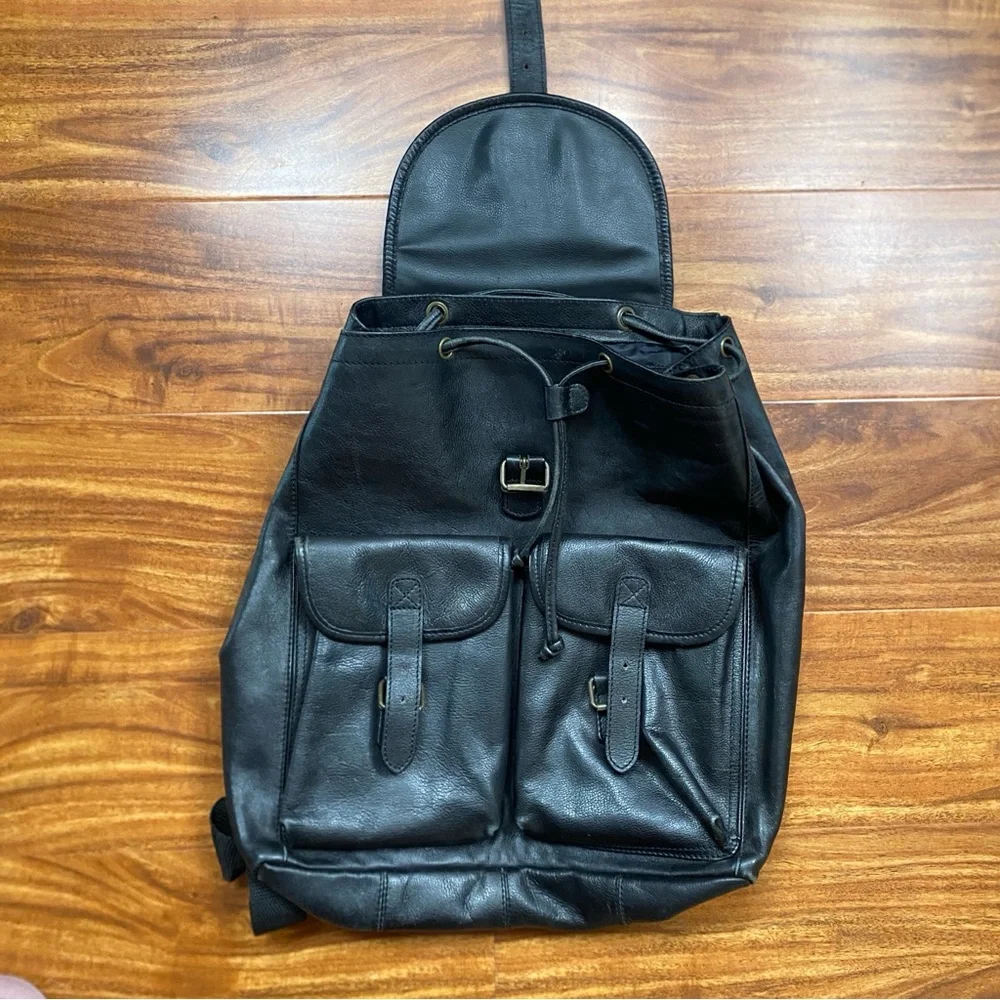 Vintage Women's Y2K Black Leather Multi Pocket Buckle Backpack Purse Streetwear